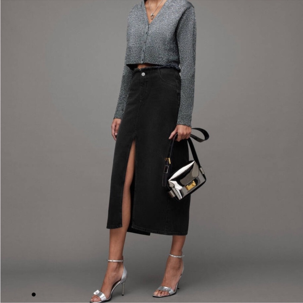 All Saints Black Midi Skirt with Front Slit